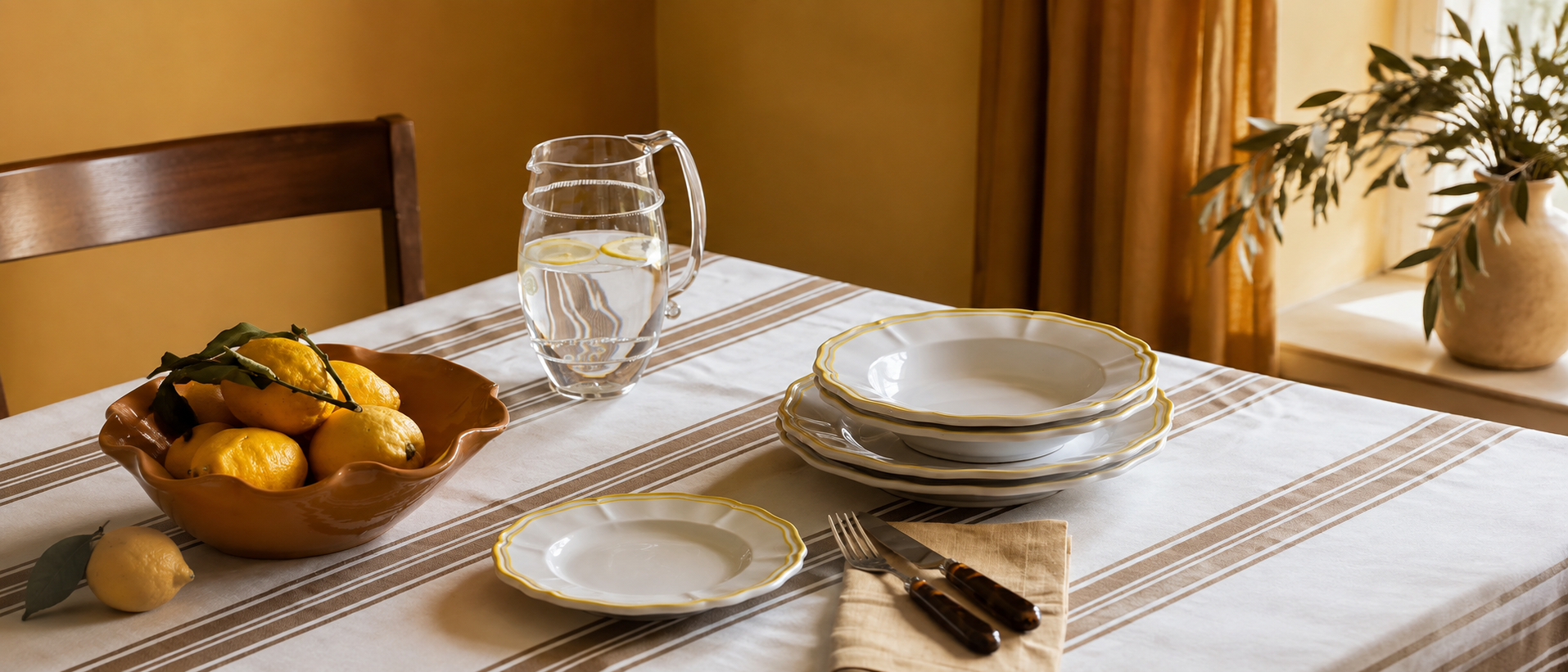 Relaxed table setting with serving pieces